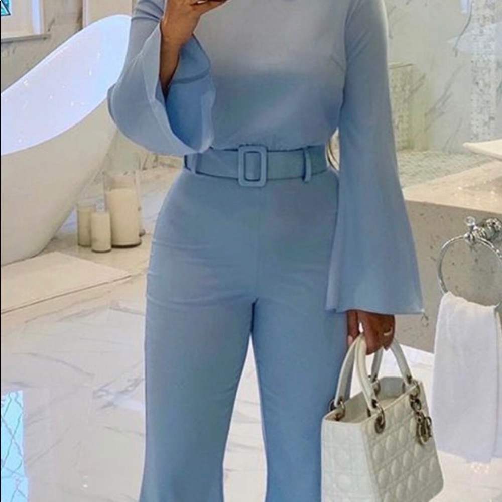 Powder Blue Belted Jumpsuit - Picture 2 of 2